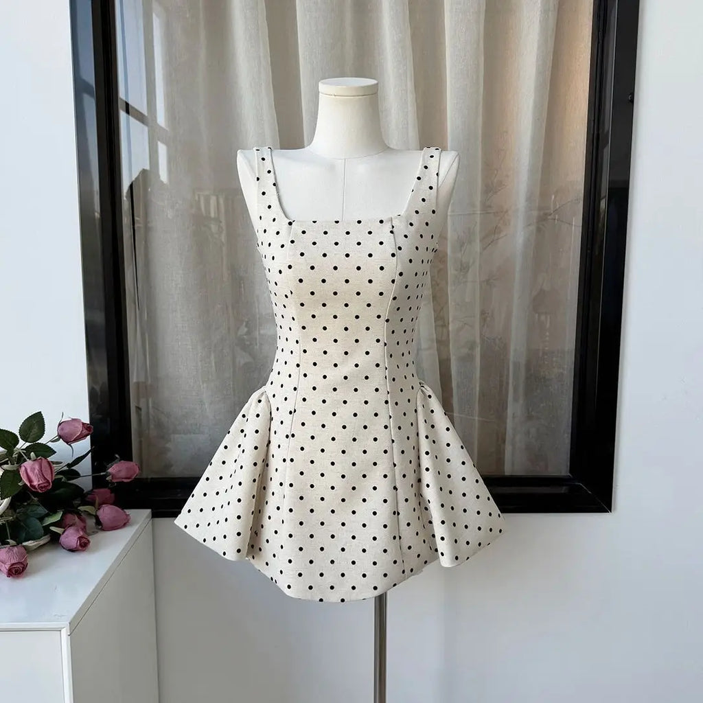 Polka Dot Gingham Mini Dress With Square Collar