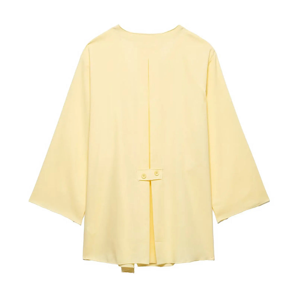 Breezy Linen Kimono Two-piece Set With Lace Up Top And Wide Leg Pants