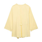 Breezy Linen Kimono Two-piece Set With Lace Up Top And Wide Leg Pants