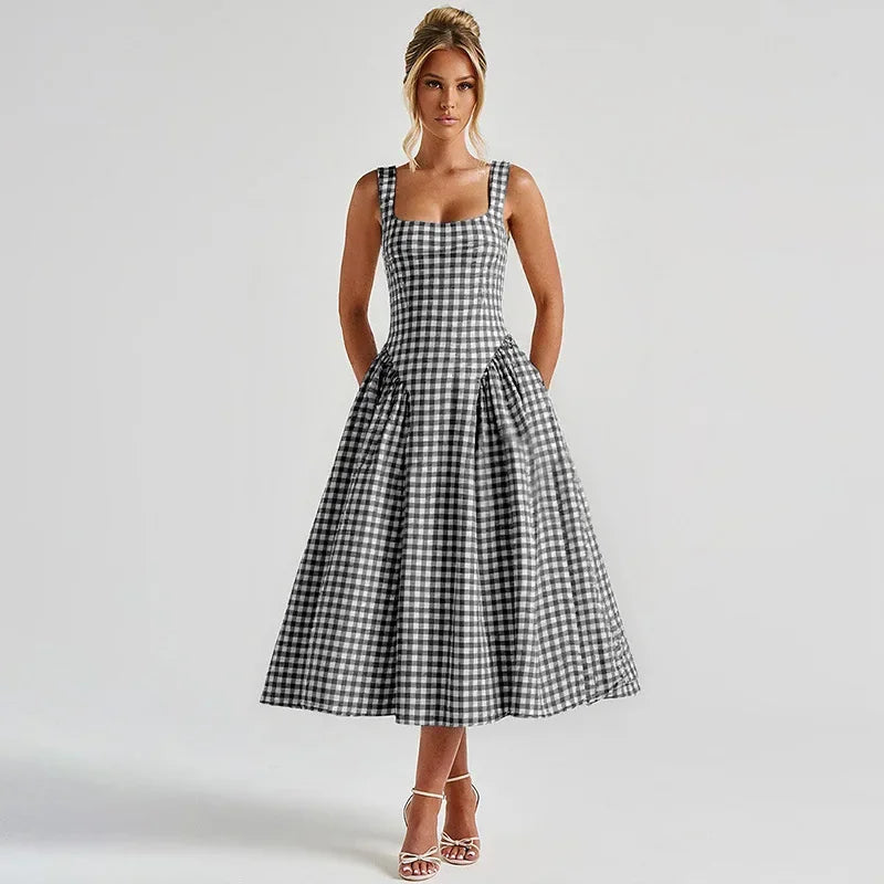 Gingham Square Neck A-Line Midi Dress With Pockets