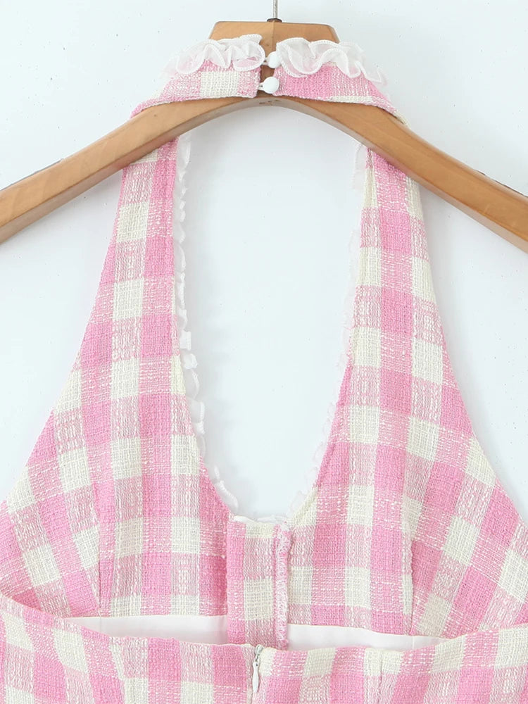 Sweet Plaid Sleeveless Backless Vintage Mini Dress With Halter Neck Slim