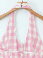 Sweet Plaid Sleeveless Backless Vintage Mini Dress With Halter Neck Slim