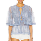 Lace Cape Tops Sexy Ruffled Trim Front Tie Closure Short Sleeve Mesh Blouse