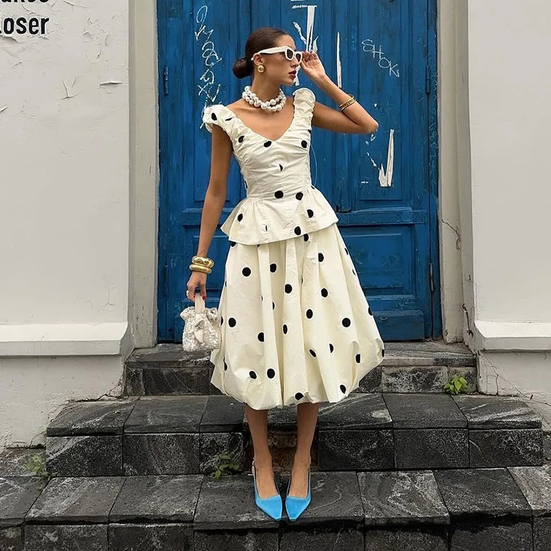 Fashion Women's Lady Suit Halter A-line Tops Bud Loose Skirt Polka Dot Set