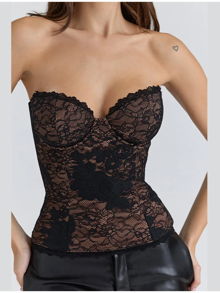 Floral Lace Strapless Corset Transparent Bustier Top