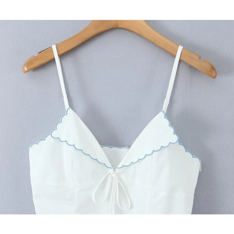 Wave Edged White Camis Sexy Bow V Neck Cotton Slim Crop Top