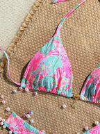 Petal Pink Print Two Piece Halter Bikini Set With Pendant Detail