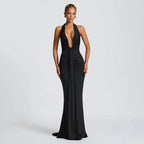 Deep V-Neck Backless Ruched Maxi Dress Halter Gown