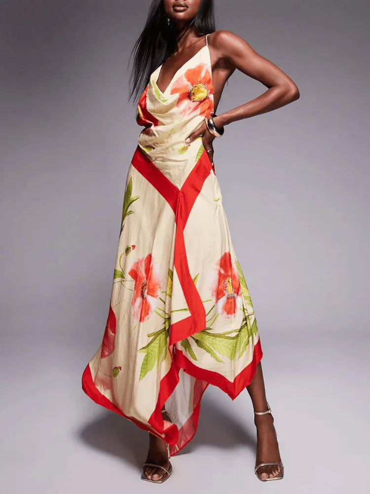 Romantic Floral Spaghetti Strap Backless Maxi Dress