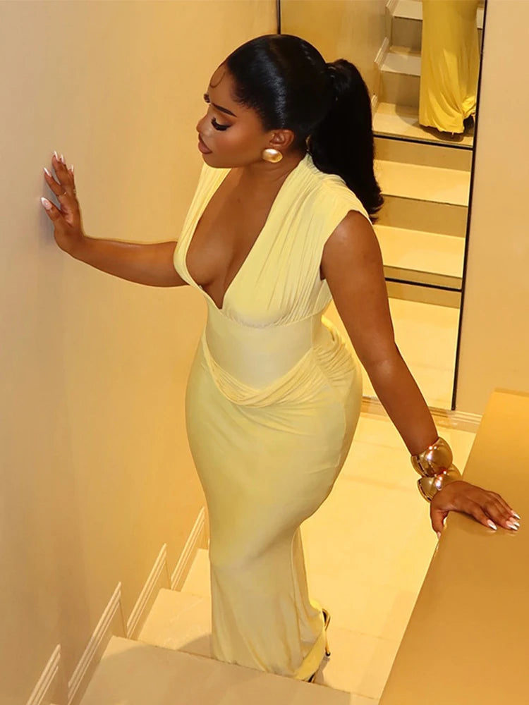 Sleeveless Ruched V Neck Bodycon Maxi Dress