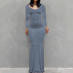 Long Sleeve Dress With Slim Silhouette And Flowing Maxi Skirt