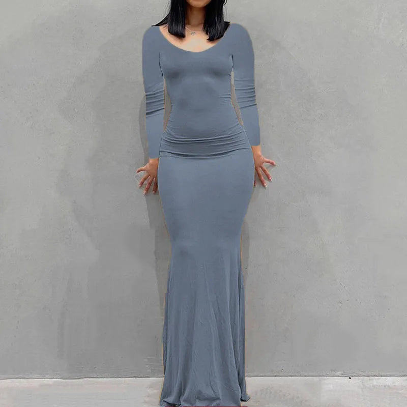Long Sleeve Dress With Slim Silhouette And Flowing Maxi Skirt