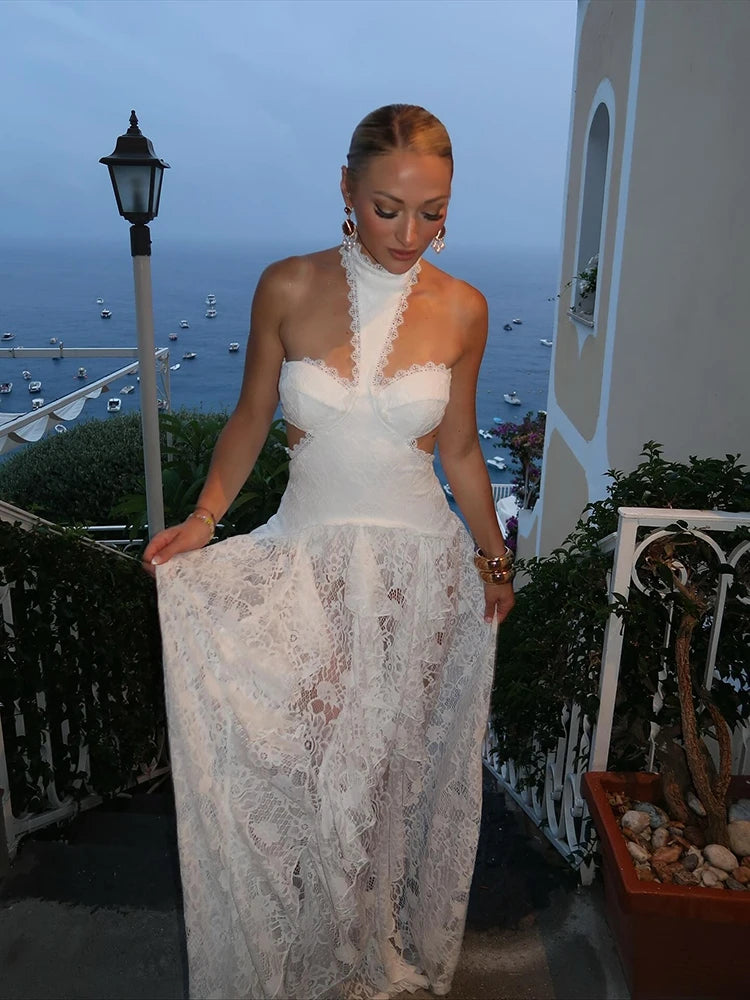 Lace Patchwork Halter Dress With Sheer Panels Elegant Gown