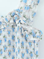 Flower Print Corset Ruched Elastic Body Sling Mini Square Collar Ruffles Hem Dress