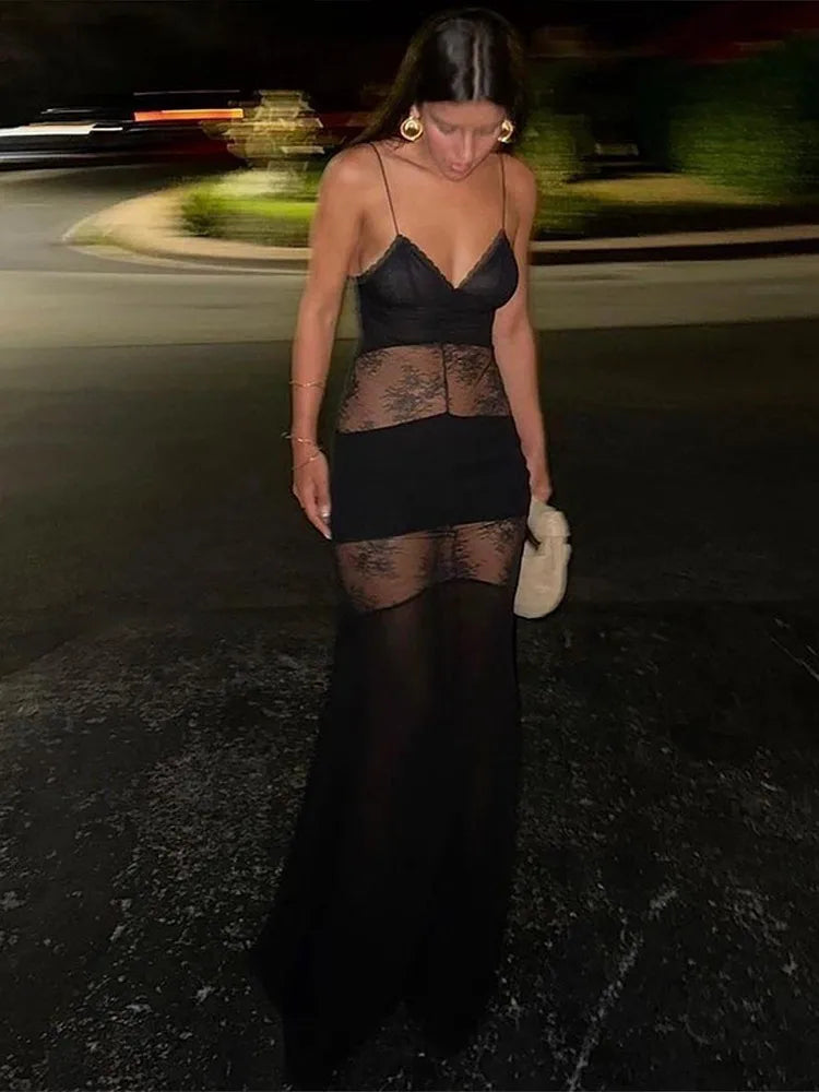 Lace See Through Sling Maxi Dress Evening