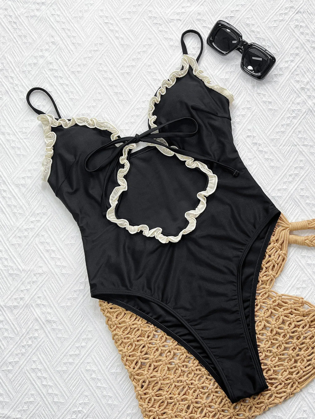 Midnight Patchwork One Piece Swimsuit With Lace Trim Front Tie Hollow Out Design