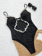 Midnight Patchwork One Piece Swimsuit With Lace Trim Front Tie Hollow Out Design