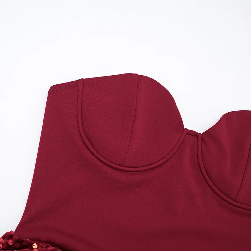 Sequin Patchwork Strapless Mini Dress Off Shoulder With Scarf Collar And Pleated Waist Cinch