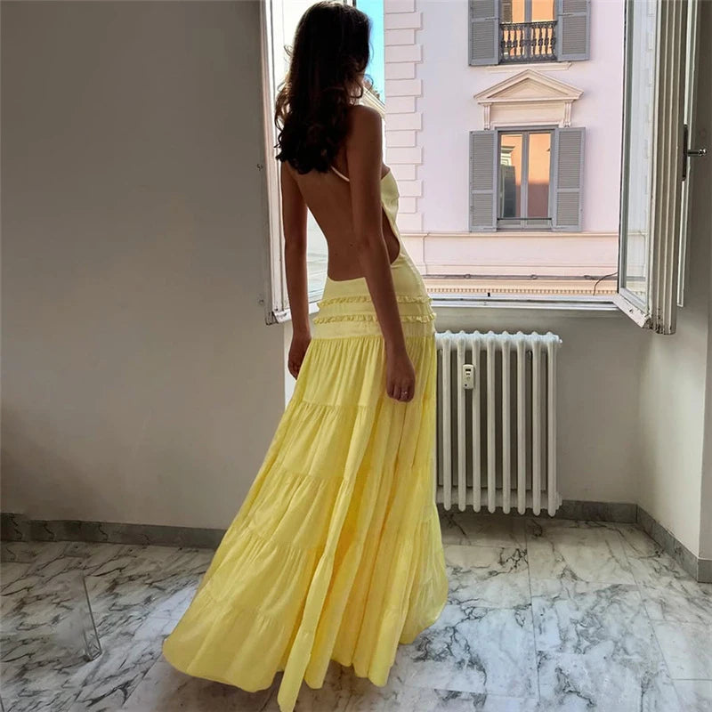 Off Shoulder Backless Evening Dress With Pleats And Ruffled Edges Diagonal Collar Floor Length