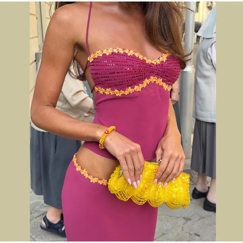 Sequined Beach Two Piece Set Halter Top And Skirt