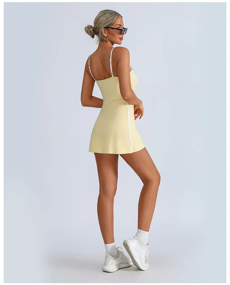 Women's Tennis Sleeveless Contrast Workout Yoga Build in Shorts Fashion Tight Fitting Skirts Suit