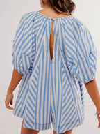 Y2k Rompers Sexy Loose Puff Sleeve V Neck Striped Jumpsuits Shorts Overalls Dress