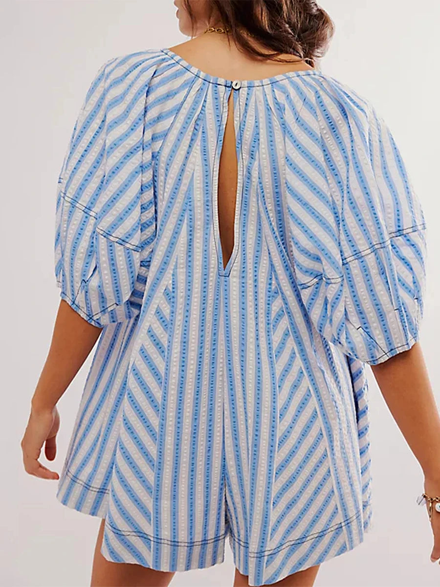 Y2k Rompers Sexy Loose Puff Sleeve V Neck Striped Jumpsuits Shorts Overalls Dress