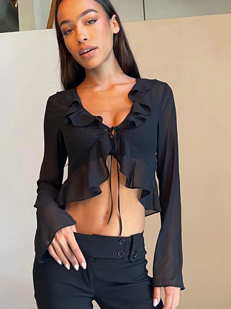 Chiffon Sheer Crop Tank Top With V Neck And Flare Sleeves