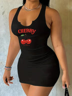 Cherry Print Sleeveless Dress With Round Neck Casual For Everyday