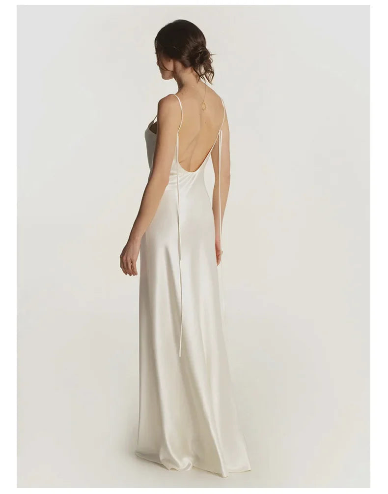 French Real Silk Elegant Women Spaghetti Strap Solid Nightgown