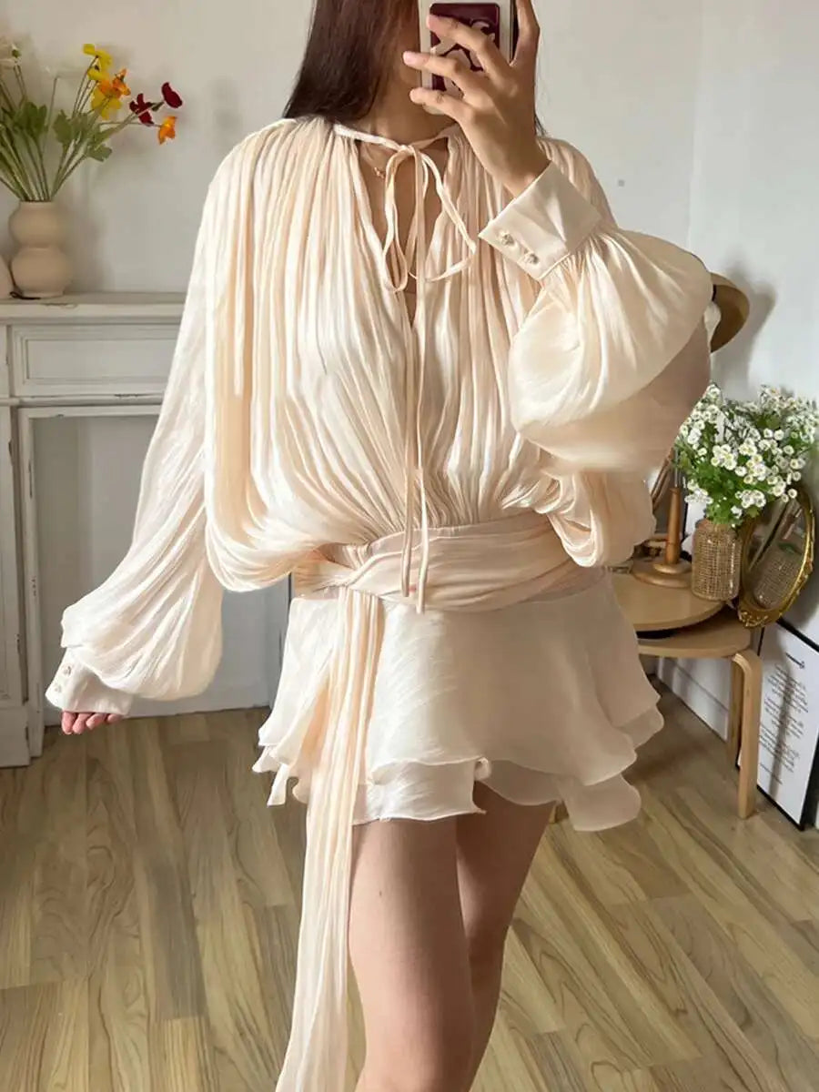 Lace Up V Neck Mini Dress For Women Long Sleeve