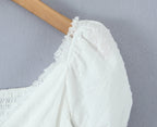White Bow Detail Puff Sleeve V Neck Top With Vintage Charm And Flirty Slim Silhouette