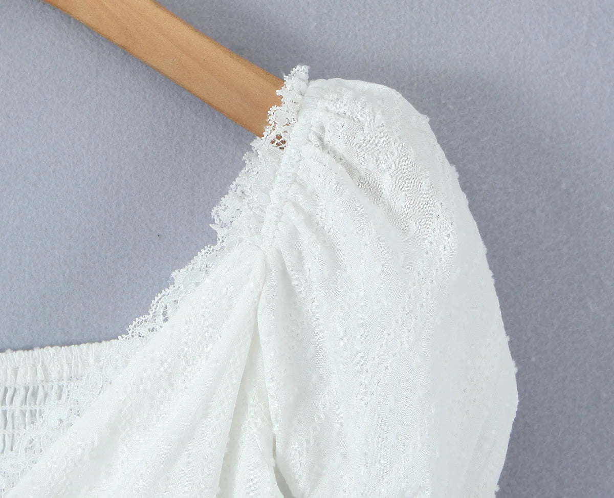 White Bow Detail Puff Sleeve V Neck Top With Vintage Charm And Flirty Slim Silhouette