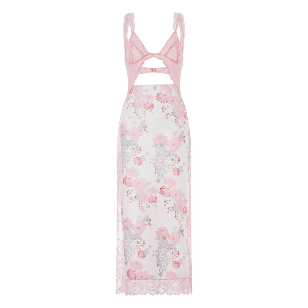 Floral Lace Patchwork Bodycon Dress Cutout Vneck Backless
