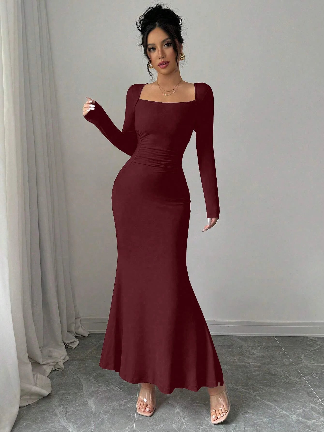 Retro Square Collar Dress With Long Sleeves In Solid Color