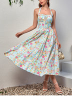 Floral Halter Midi Dress With Spaghetti Straps, Backless Corset Waist Tie Up Detail