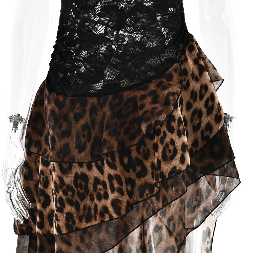 Leopard Patchwork Lace Dress One Shoulder With Ruffle Sheer Elegance