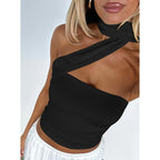 Elegant Halter Crop Top With Scarf Strap Ruched Slim Solid Design For Summer Streetwear