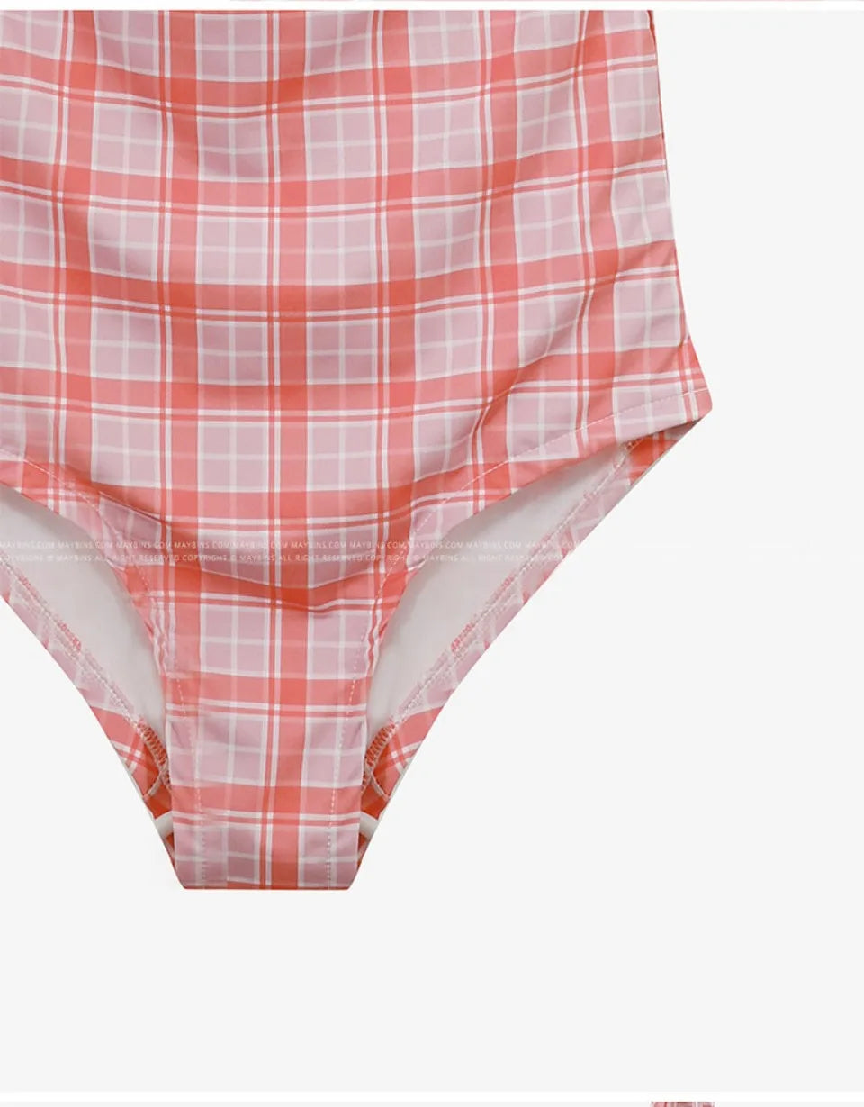 Plaid Push Up Backless One Piece Swimsuit