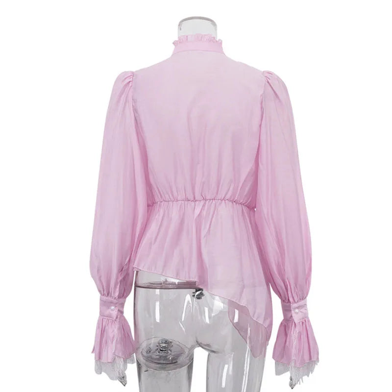 Fashion High Neck Asymmetric Women's Puff Sleeve Trim Ruffle Pink Single-breasted Blouse