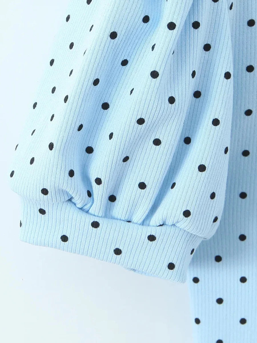 Dreamy Blue Polka Dot Puff Sleeve With Cutout Lace Trim