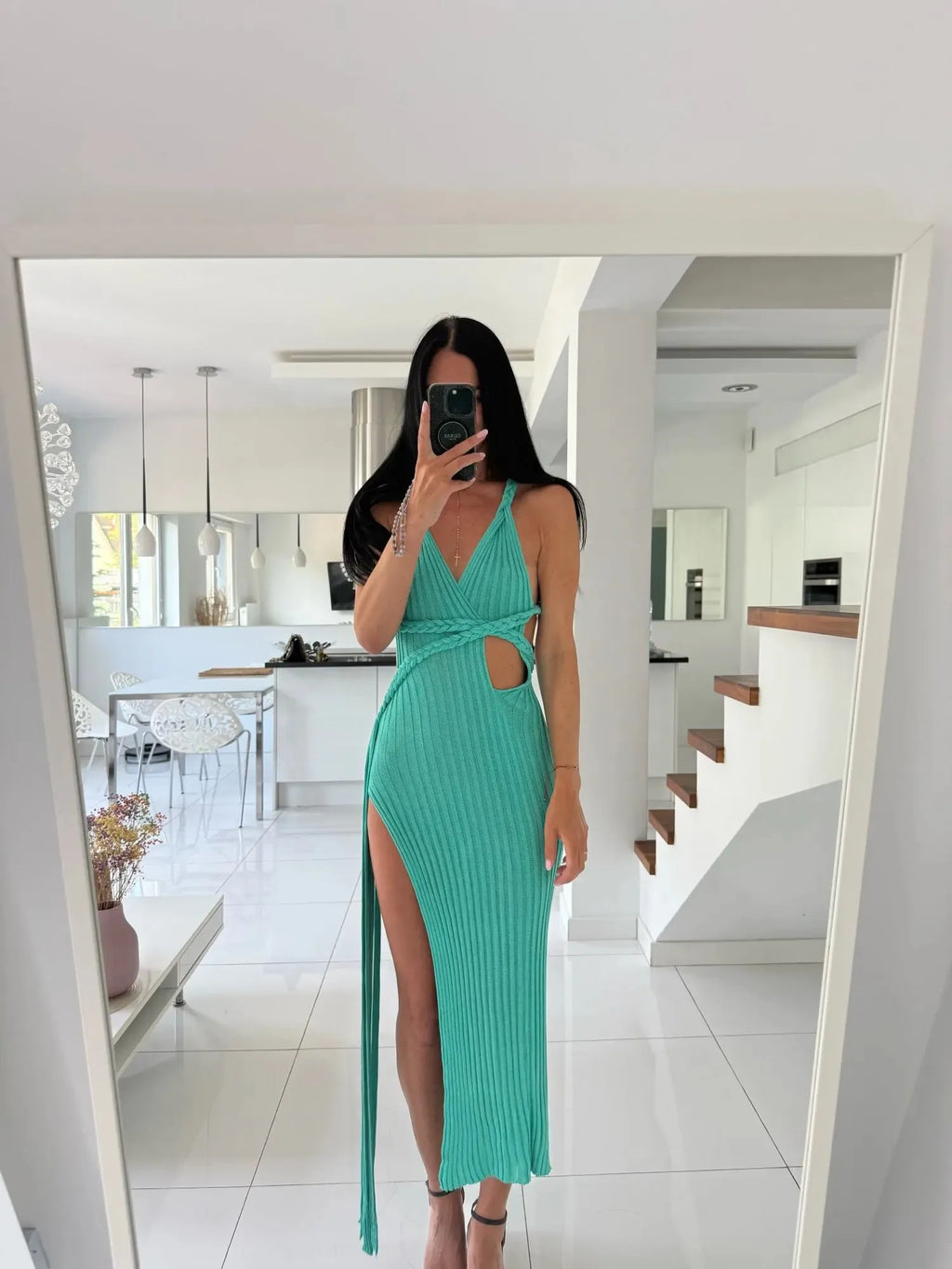 Elegant Beach Knit Maxi Dress With Side Slit V Neck Open Back