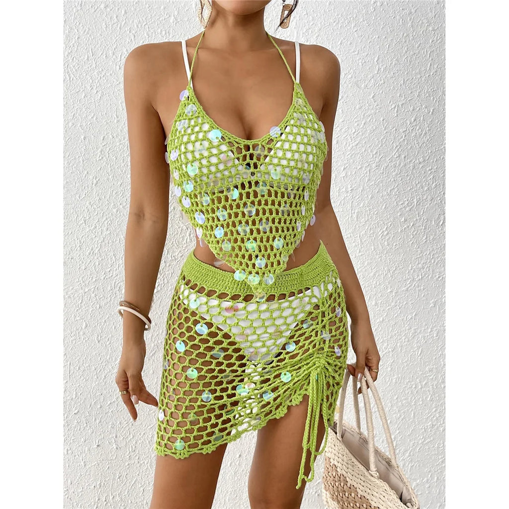 Hollow Out Skirt Crochet Knitted 2 Pieces Suits Cover Up