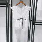 Sweet Lace V Neck Blouse With Ruffles And Flutter Sleeves