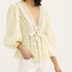 Bow Tie Front Blouse With Long Puff Sleeves V Neck Babydoll Peplum Ruffle Pleats
