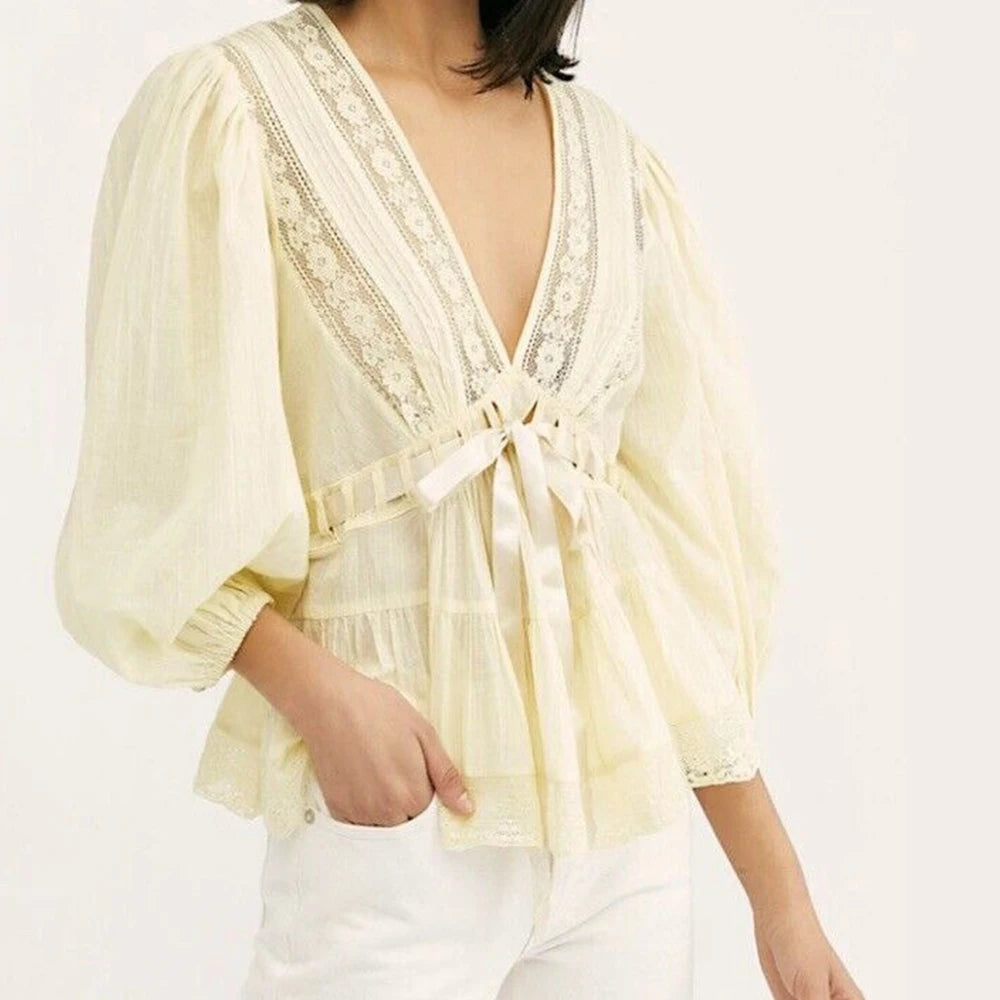 Bow Tie Front Blouse With Long Puff Sleeves V Neck Babydoll Peplum Ruffle Pleats