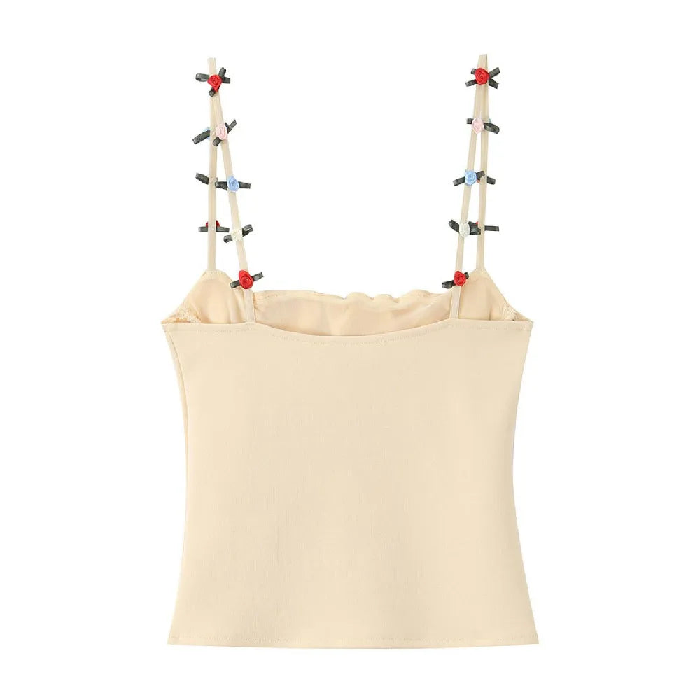 Flirty Apricot Applique Camisole With Ruched Chest O Neck Knit Tank Top