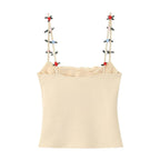 Flirty Apricot Applique Camisole With Ruched Chest O Neck Knit Tank Top