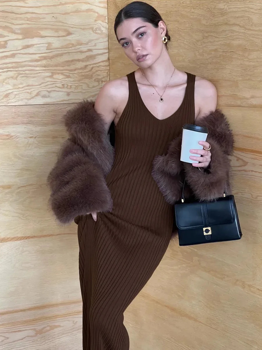 Sleeveless Knitted Dress With Wide Shoulder Straps Inner Long Skirt