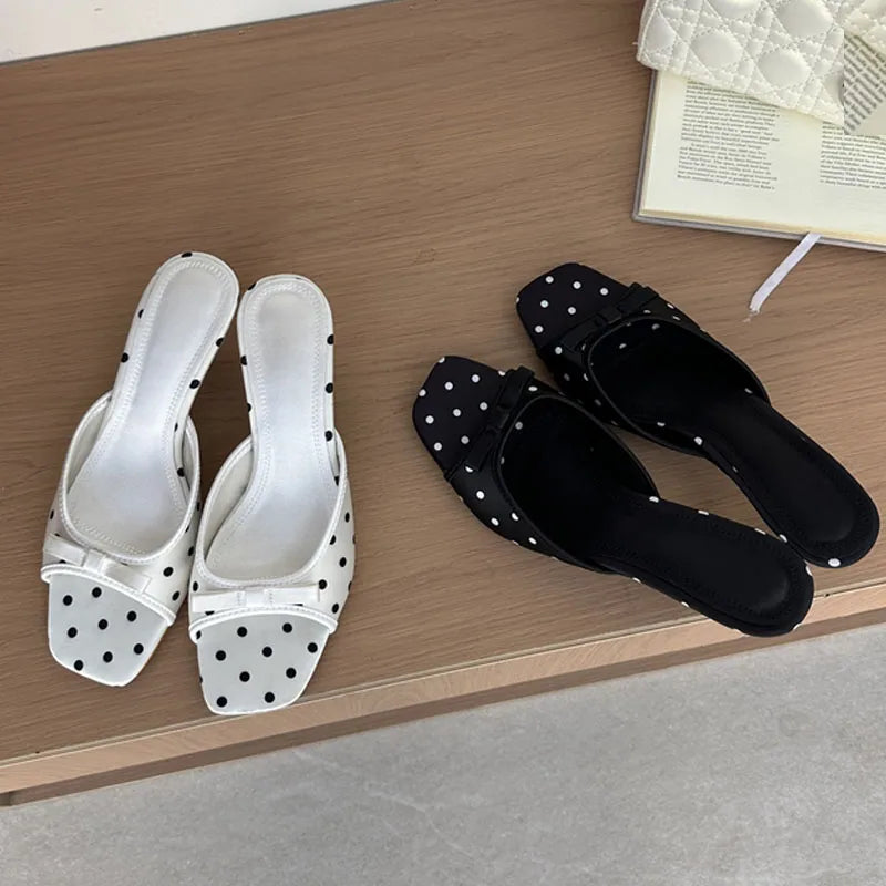 Satin Polka Dot Square Toe Sandals With Lightweight Low Heels